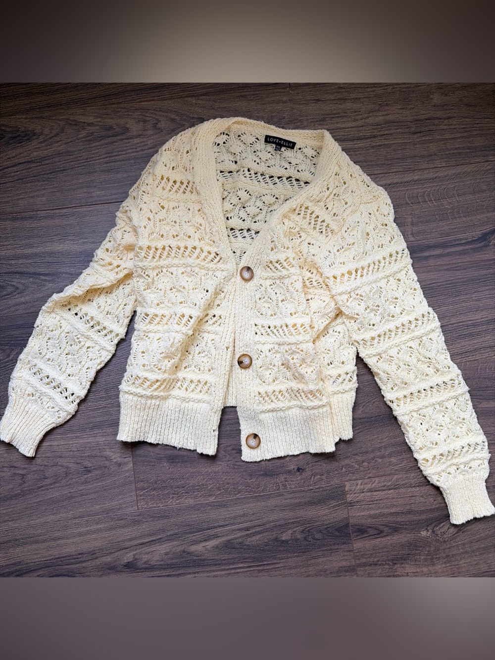 Women’s Open-Knit Light Yellow Button-Front Cardigan Sweater